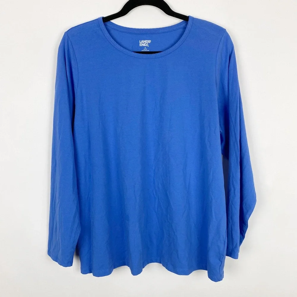 Lands End Pajama Top Long Sleeve Cotton Stretch Sleep Shirt Womens 1X Blue